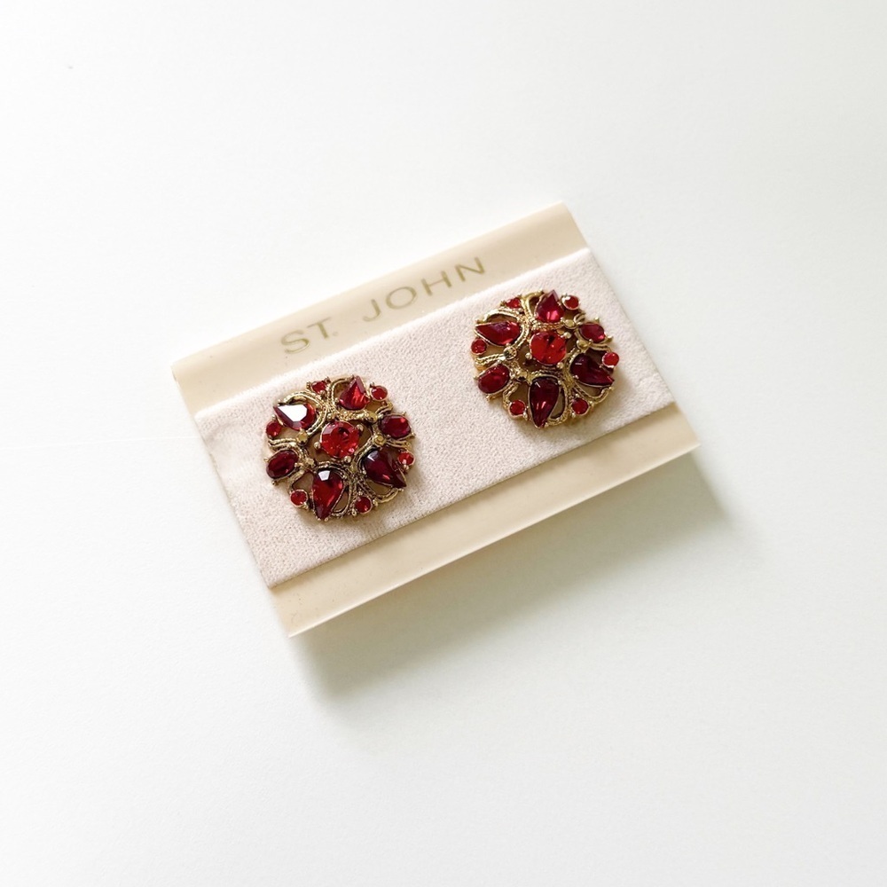St. John Designer Vintage 1990 NWT Ruby Red and Gold Clip-On Earrings
